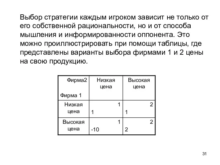 Выбор стратегии каждым игроком зависит не только от его собственной рациональности,