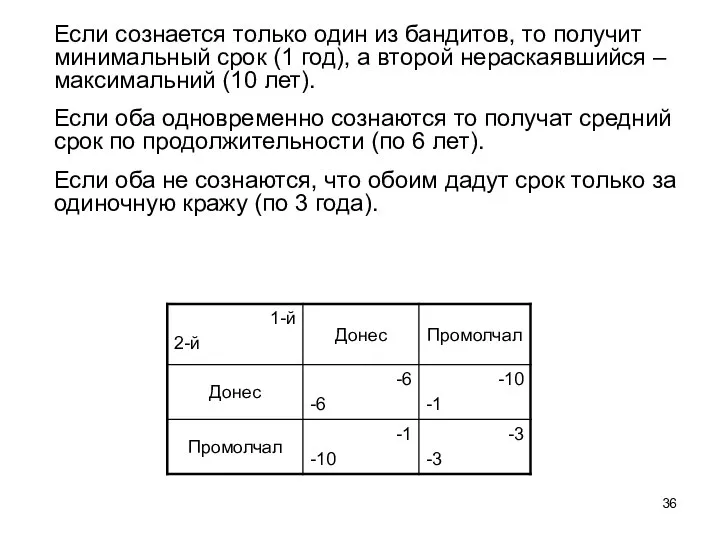 Если сознается только один из бандитов, то получит минимальный срок (1