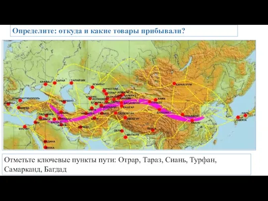 Отметьте ключевые пункты пути: Отрар, Тараз, Сиань, Турфан, Самарканд, Багдад Определите: откуда и какие товары прибывали?