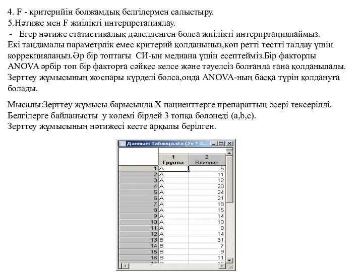 4. F - критерийін болжамдық белгілермен салыстыру. 5.Нәтиже мен F жиілікті
