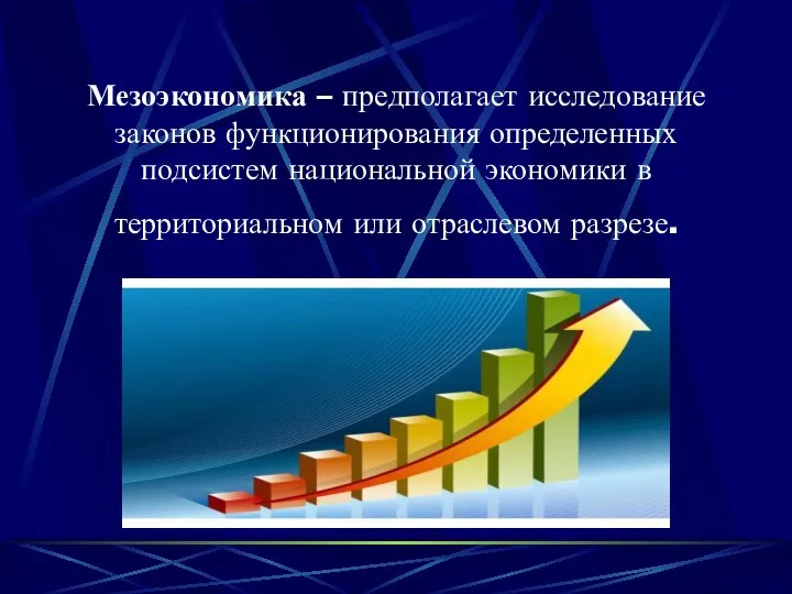 Мезоэкономика – предполагает исследование законов функционирования определенных подсистем национальной экономики в территориальном или отраслевом разрезе.