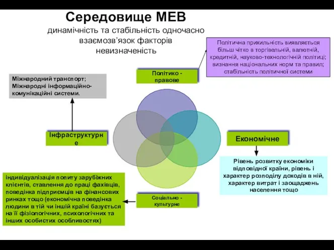 Середовище МЕВ динамічність та стабільність одночасно взаємозв’язок факторів невизначеність Рівень розвитку