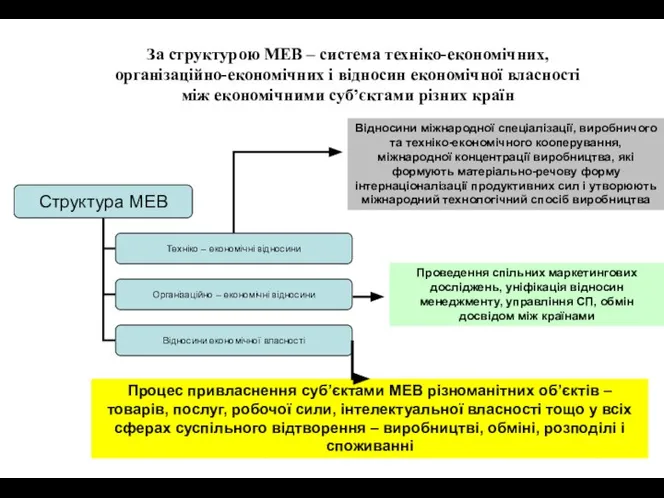 За структурою МЕВ – система техніко-економічних, організаційно-економічних і відносин економічної власності