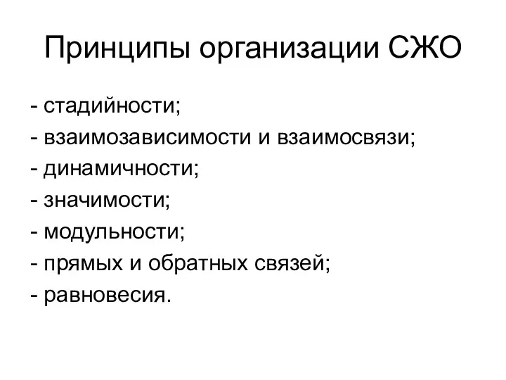 Принципы организации СЖО - стадийности; - взаимозависимости и взаимосвязи; - динамичности;