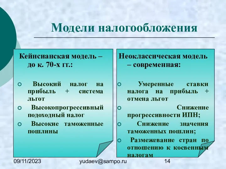 09/11/2023 yudaev@sampo.ru Модели налогообложения Кейнсианская модель – до к. 70-х гг.: