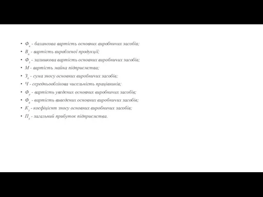 Фк - балансова вартість основних виробничих засобів; Вп - вартість виробленої