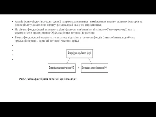 Аналіз фондовіддачі проводиться в 2 напрямках: вивчення і вимірювання впливу окремих