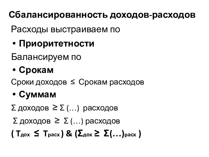 Сбалансированность доходов-расходов Расходы выстраиваем по Приоритетности Балансируем по Срокам Сроки доходов