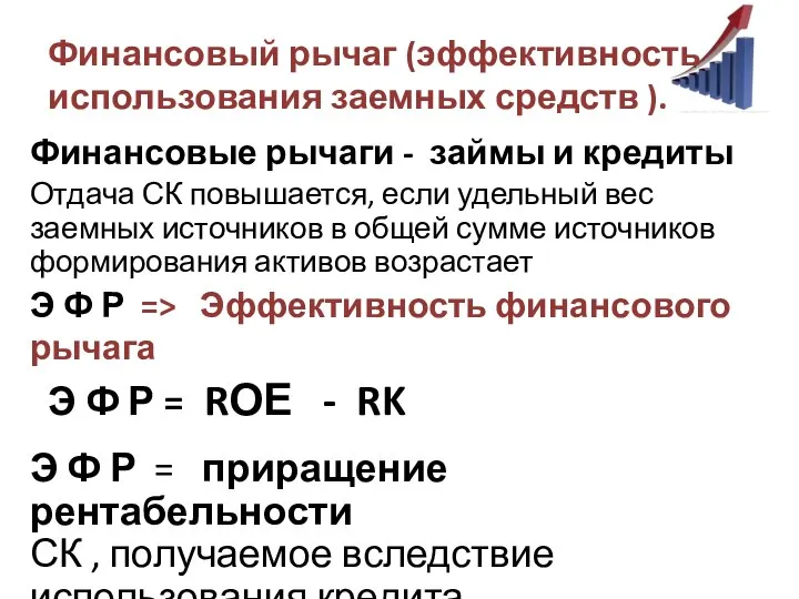 Финансовый рычаг (эффективность использования заемных средств ). Финансовые рычаги - займы