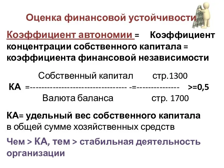 Оценка финансовой устойчивости Коэффициент автономии = Коэффициент концентрации собственного капитала =