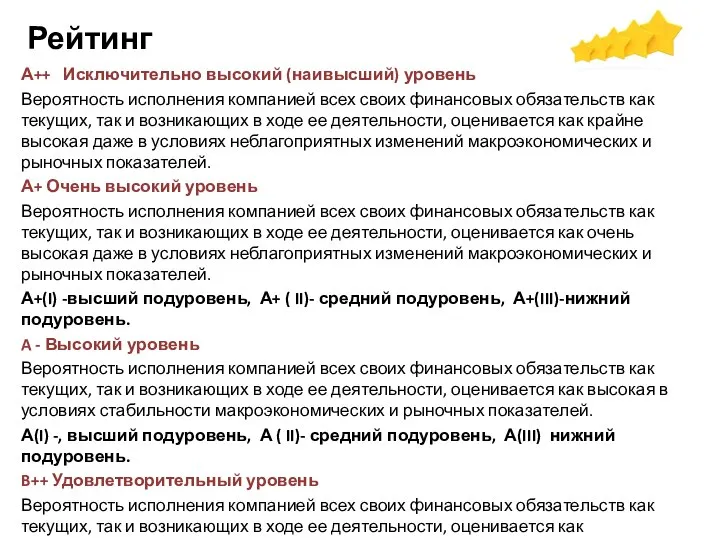 Рейтинг А++ Исключительно высокий (наивысший) уровень Вероятность исполнения компанией всех своих