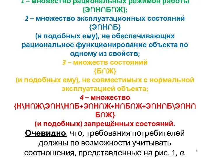 1 – множество рациональных режимов работы {Э∩Н∩Б∩Ж}; 2 – множество эксплуатационных