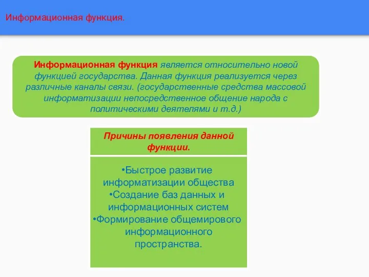 Информационная функция. Информационная функция является относительно новой функцией государства. Данная функция