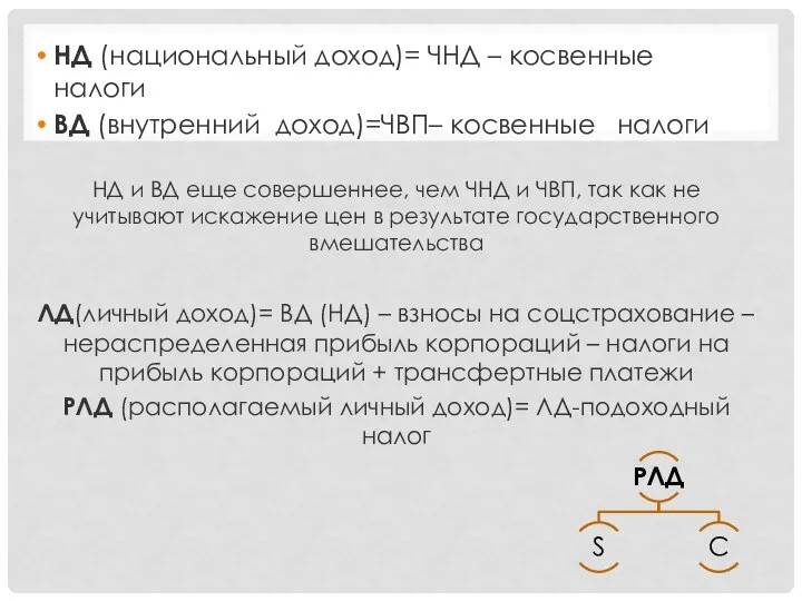 НД (национальный доход)= ЧНД – косвенные налоги ВД (внутренний доход)=ЧВП– косвенные