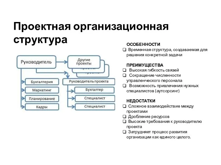 Проектная организационная структура ОСОБЕННОСТИ Временная структура, создаваемая для решения конкретной задачи