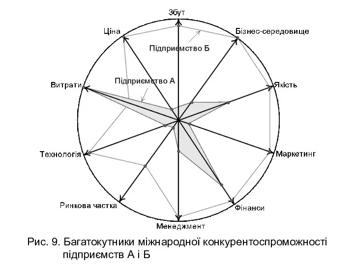 Рис. 9. Багатокутники міжнародної конкурентоспроможності підприємств А і Б