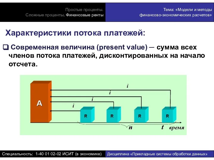 Характеристики потока платежей: Современная величина (present value) ─ сумма всех членов