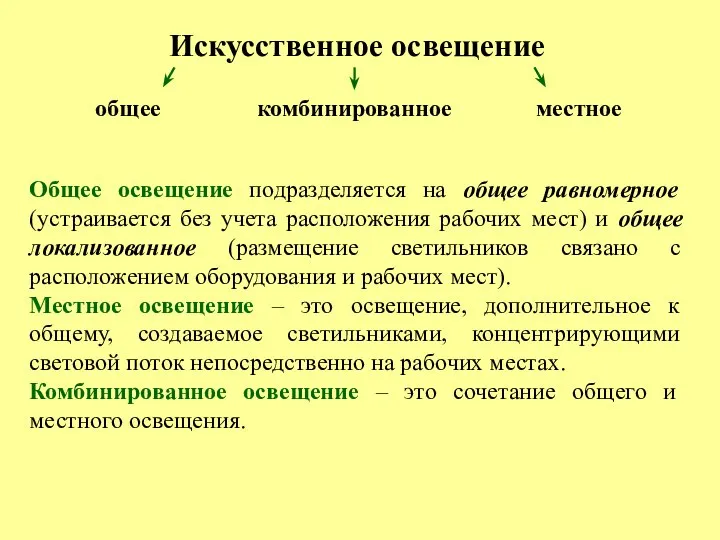 Искусственное освещение общее комбинированное местное Общее освещение подразделяется на общее равномерное