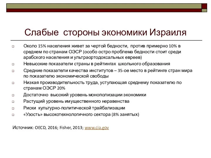 Слабые стороны экономики Израиля Около 15% населения живет за чертой бедности,