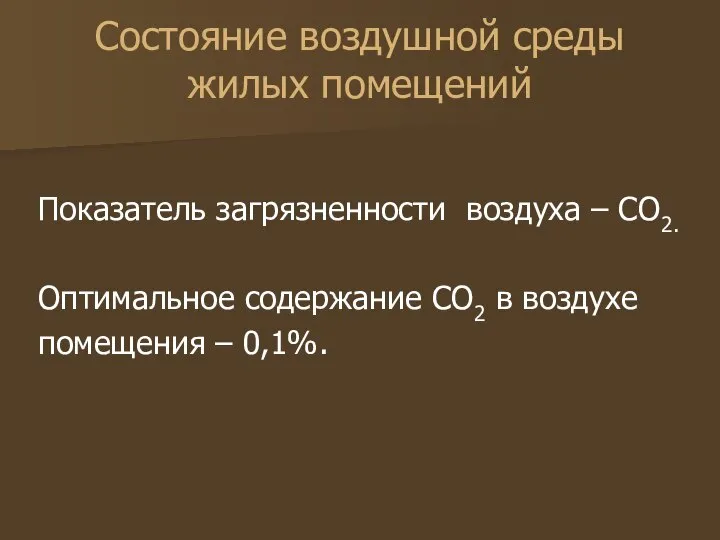 Состояние воздушной среды жилых помещений Показатель загрязненности воздуха – СО2. Оптимальное