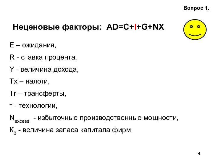 Неценовые факторы: AD=С+I+G+NX Вопрос 1. E – ожидания, R - ставка