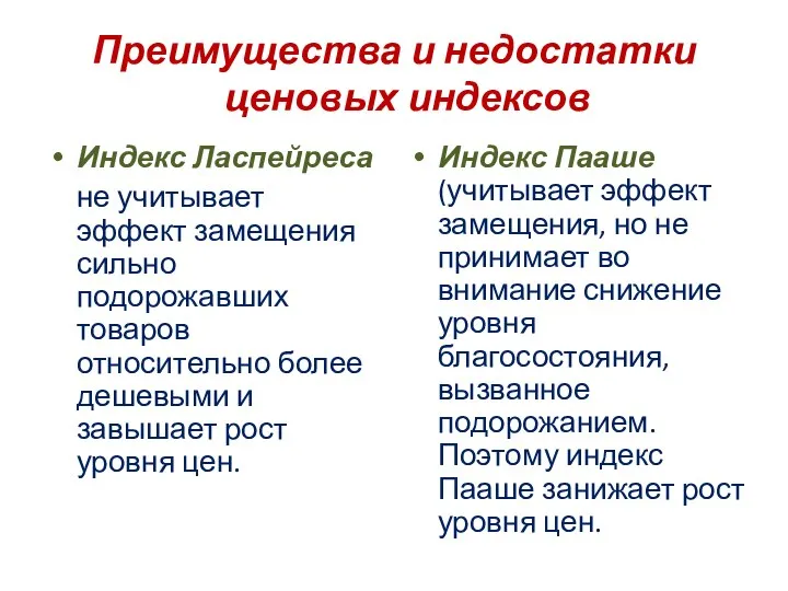 Преимущества и недостатки ценовых индексов Индекс Ласпейреса не учитывает эффект замещения