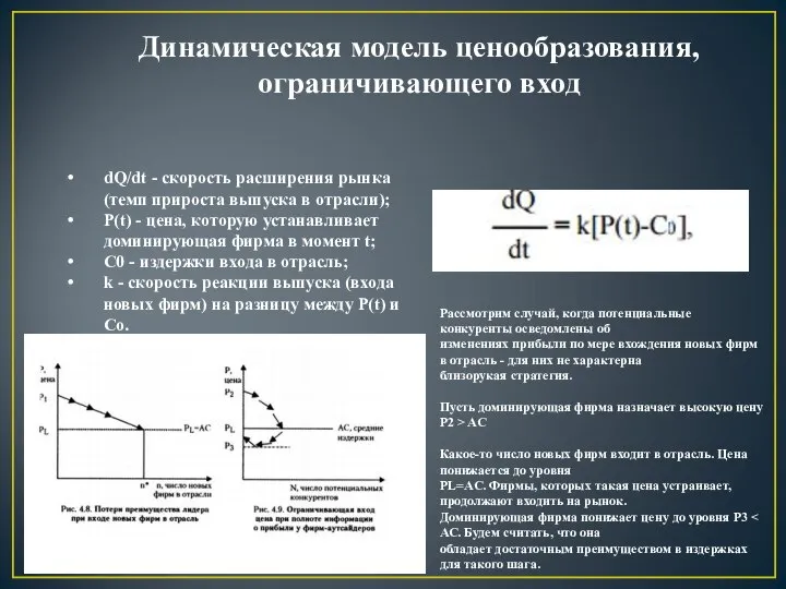 Динамическая модель ценообразования, ограничивающего вход dQ/dt - скорость расширения рынка (темп