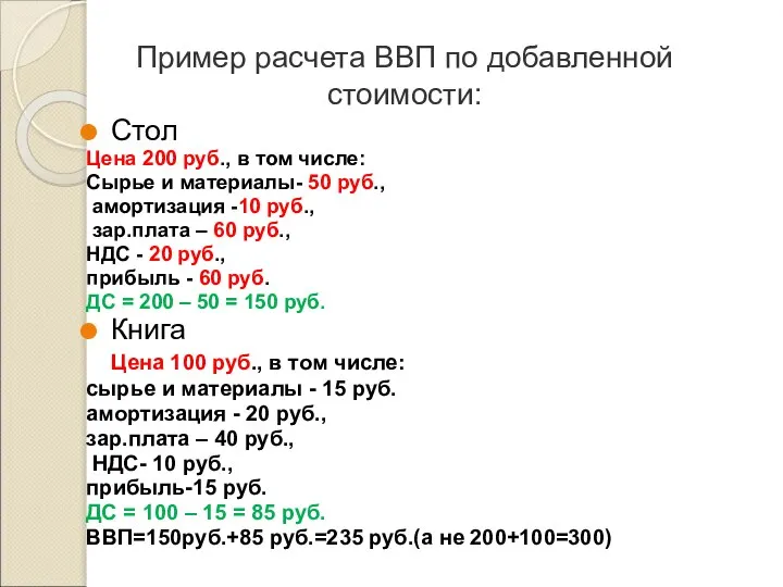 Пример расчета ВВП по добавленной стоимости: Стол Цена 200 руб., в