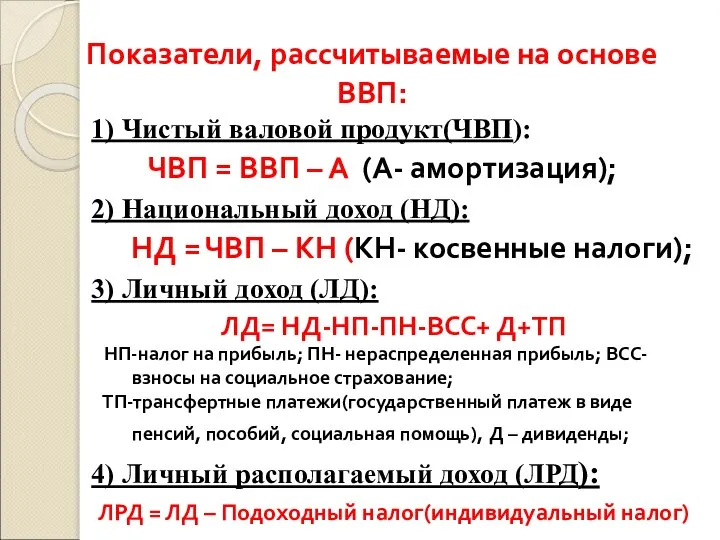 Показатели, рассчитываемые на основе ВВП: 1) Чистый валовой продукт(ЧВП): ЧВП =