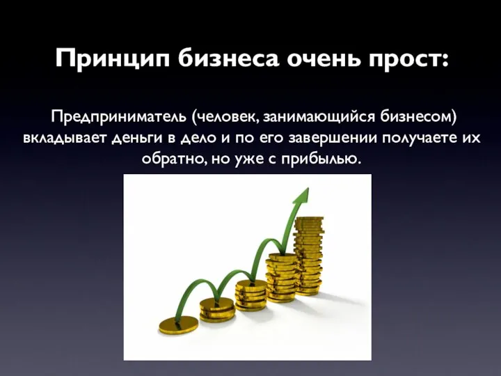 Принцип бизнеса очень прост: Предприниматель (человек, занимающийся бизнесом) вкладывает деньги в