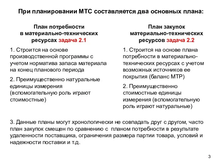 При планировании МТС составляется два основных плана: План потребности в материально-технических