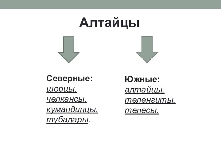 Алтайцы Северные: шорцы, челкансы, кумандинцы, тубалары. Южные: алтайцы, теленгиты, телесы.