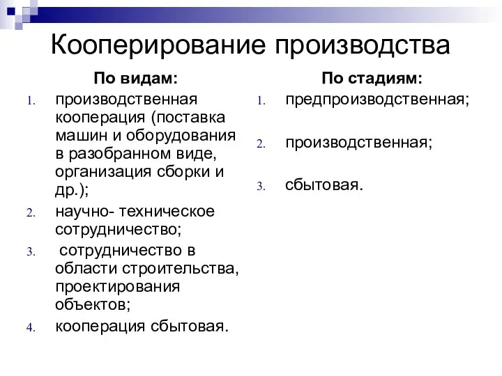 Кооперирование производства По видам: производственная кооперация (поставка машин и оборудования в