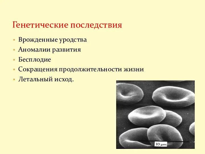 Врожденные уродства Аномалии развития Бесплодие Сокращения продолжительности жизни Летальный исход. Генетические последствия