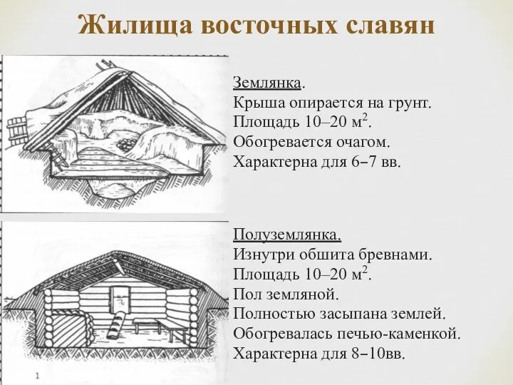 Жилища восточных славян Землянка. Крыша опирается на грунт. Площадь 10–20 м2.