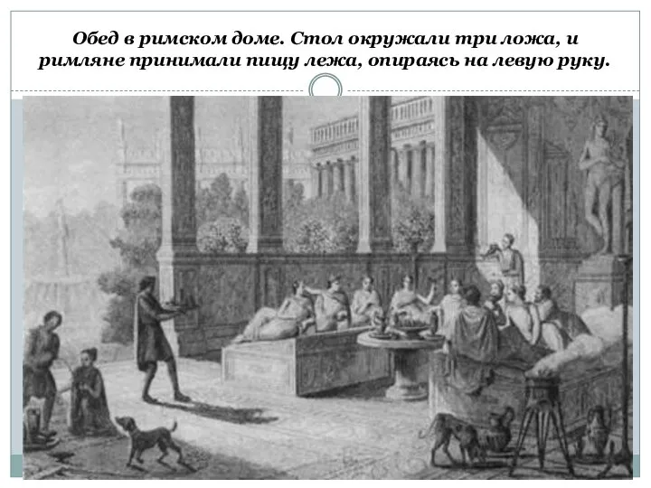 Обед в римском доме. Стол окружали три ложа, и римляне принимали