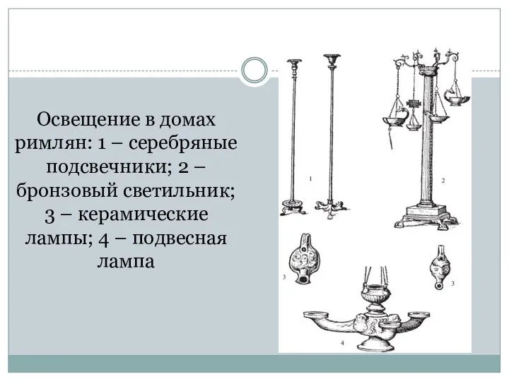 Освещение в домах римлян: 1 – серебряные подсвечники; 2 – бронзовый