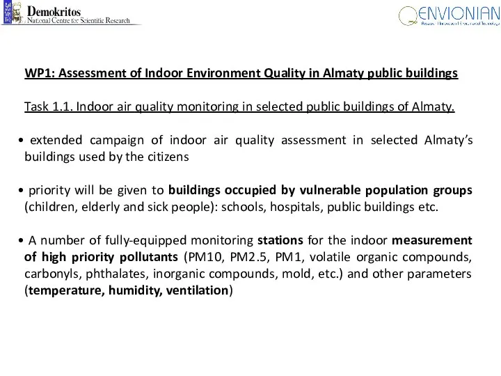 WP1: Assessment of Indoor Environment Quality in Almaty public buildings Task