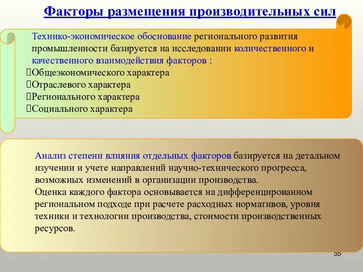 Факторы размещения производительных сил Технико-экономическое обоснование регионального развития промышленности базируется на