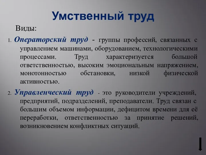 Умственный труд Виды: 1. Операторский труд - группы профессий, связанных с