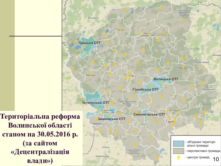 Територіальна реформа Волинської області станом на 30.05.2016 р. (за сайтом «Децентралізація влади»)