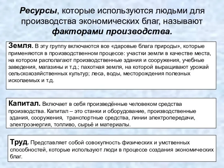 Ресурсы, которые используются людьми для производства экономических благ, называют факторами производства.