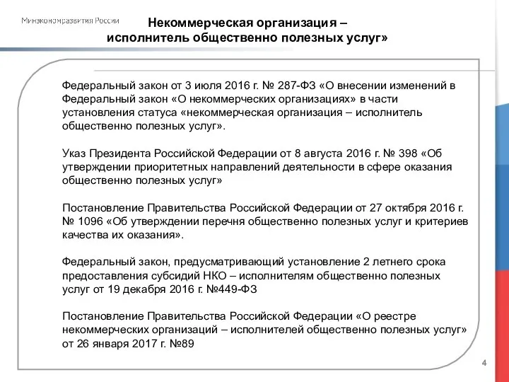 Некоммерческая организация – исполнитель общественно полезных услуг» Федеральный закон от 3