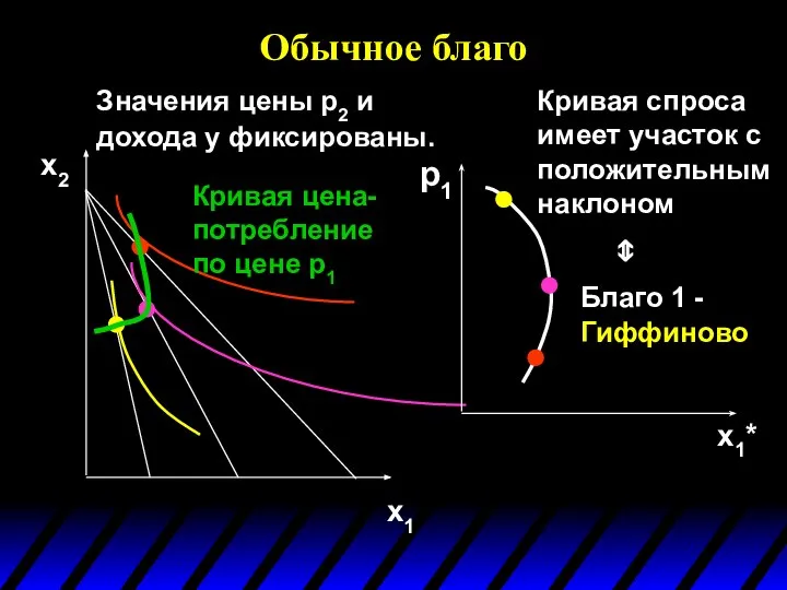 Oбычное благо Значения цены p2 и дохода y фиксированы. x1 x2