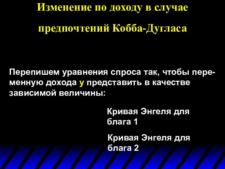 Изменение по доходу в случае предпочтений Кобба-Дугласа Перепишем уравнения спроса так,