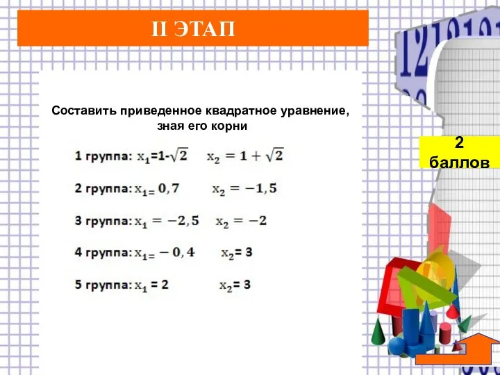 Составить приведенное квадратное уравнение, зная его корни II ЭТАП 2 баллов