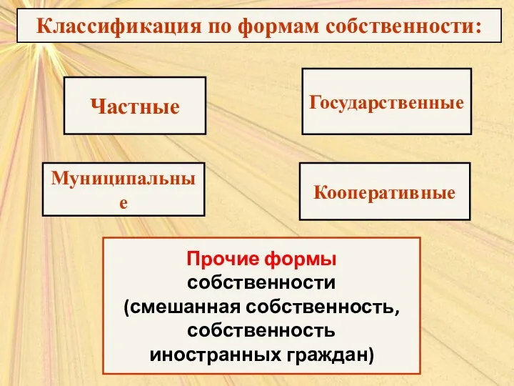 Классификация по формам собственности: Классификация по формам собственности: Частные Государственные Муниципальные