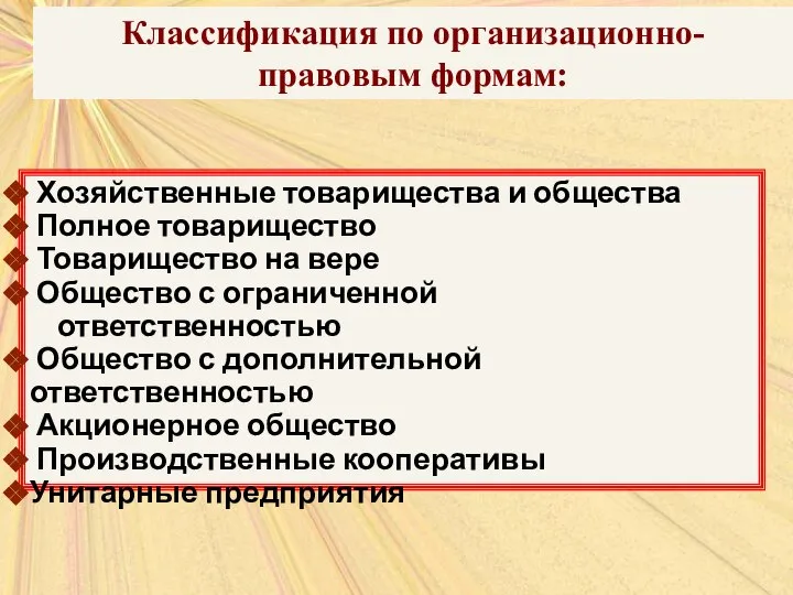 Классификация по организационно-правовым формам: Классификация по организационно-правовым формам: Хозяйственные товарищества и