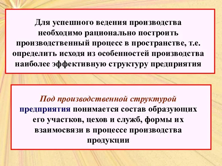 Для успешного ведения производства необходимо рационально построить производственный процесс в пространстве,