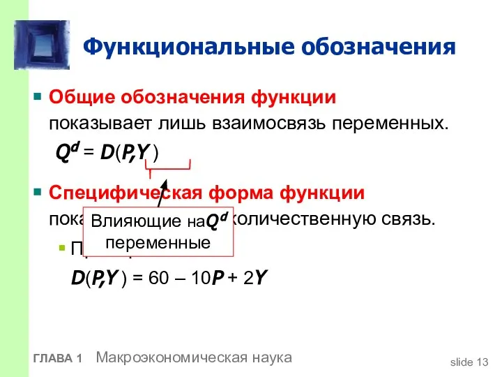 Функциональные обозначения Общие обозначения функции показывает лишь взаимосвязь переменных. Q d